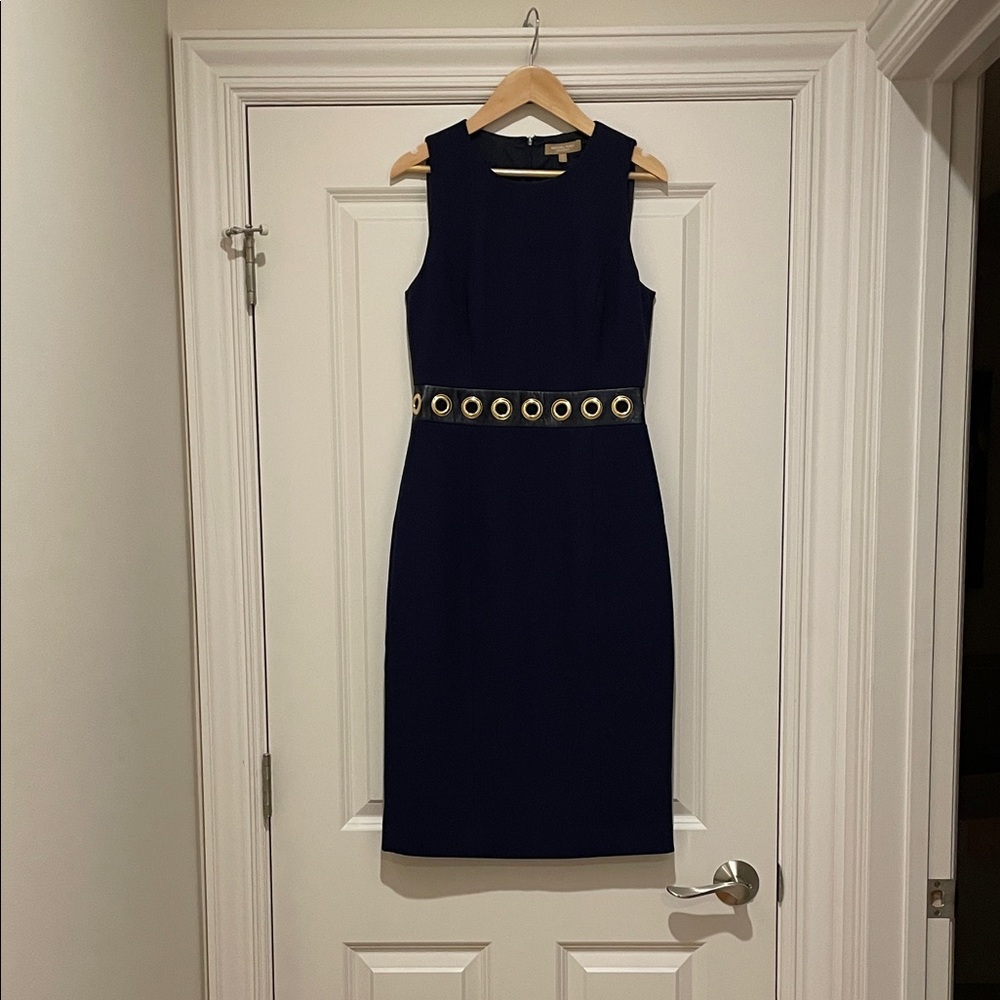 Michael Kors Collection Wool Navy Dress with Leather Waist and Gold Accents